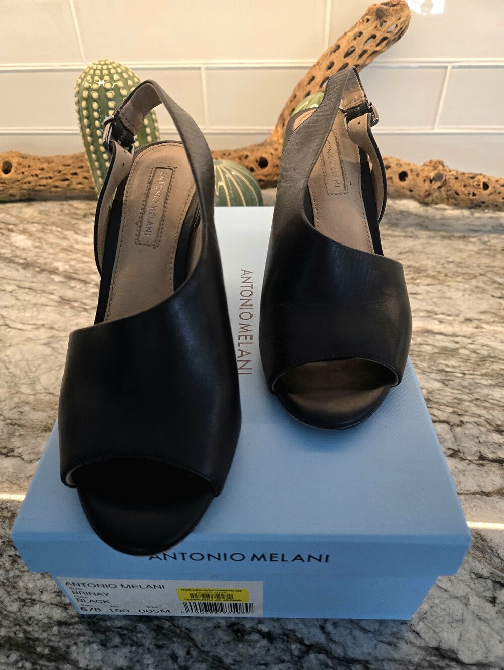 ANTONIO MELANI Black Leather Open-Peep Slingback Heels